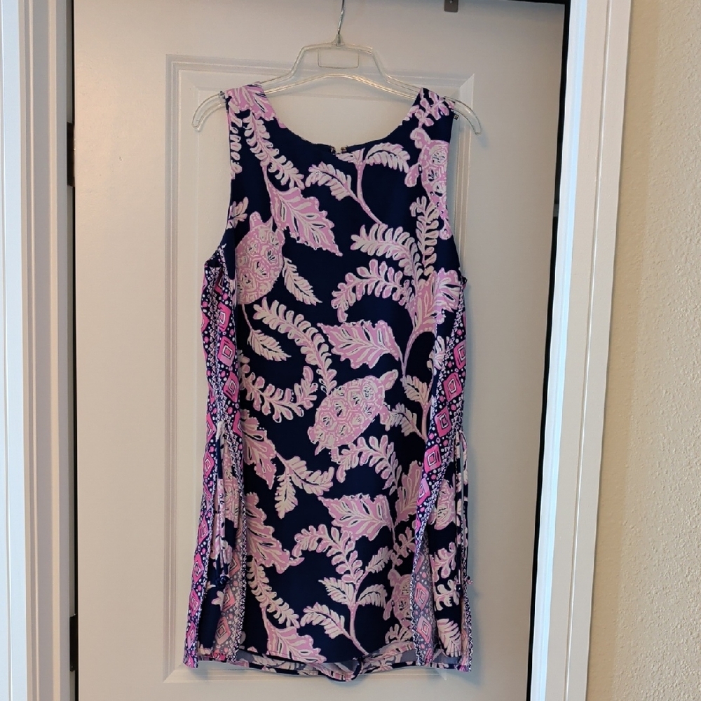 Navy Blue & Light Pink Floral Shift Dress With Shorts Underneath